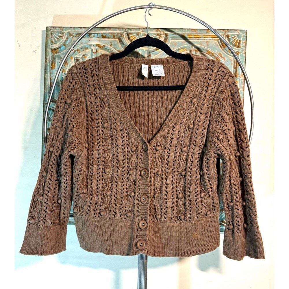 Sahalie Women's Brown Cotton Knit V-Neck Button Front Cardigan Sweater M